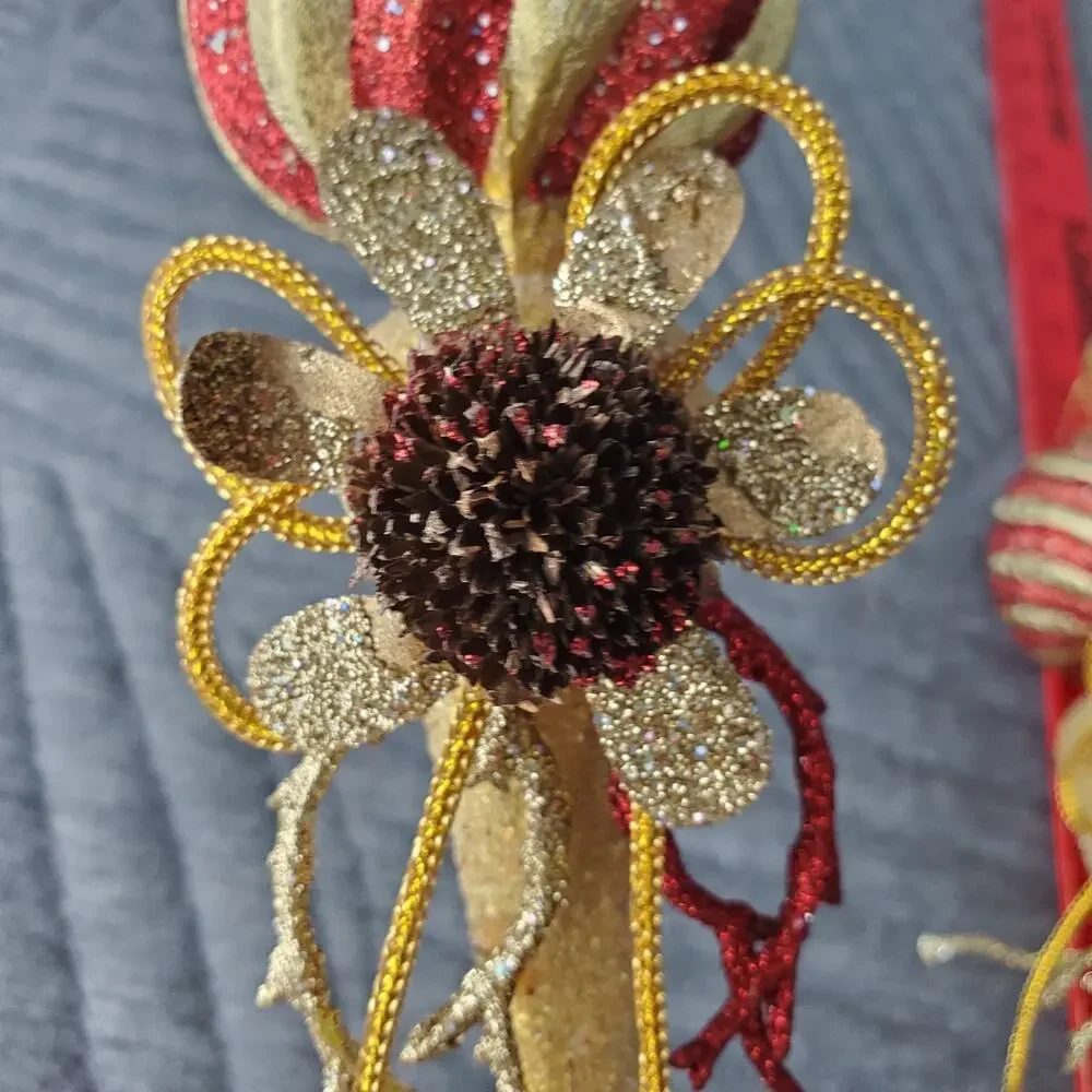 Vintage Hand Crafted Embellished Floral Christmas Ornaments X3 MCM Gold-Tone 70s